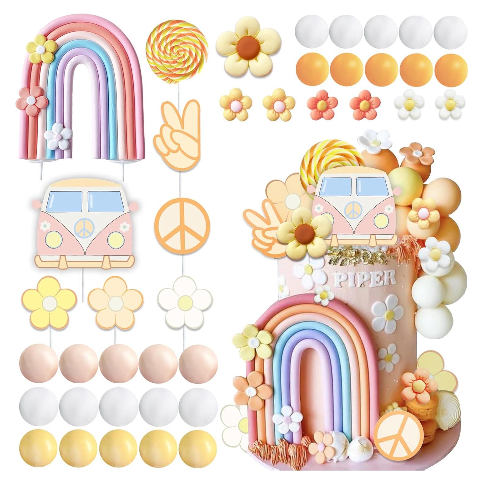 40 Adornos de Pastel Groovy Boho UFROMSKY - Arcoíris y Flores