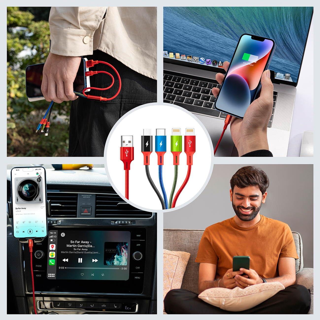 Cable de Carga 4 en 1 Minlu 1 Pie USB-C/iP/Micro USB