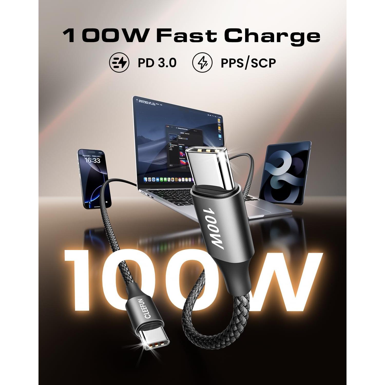 Cable USB-C a USB-C 100W CLEEFUN 1.22m 2-Pack Negro