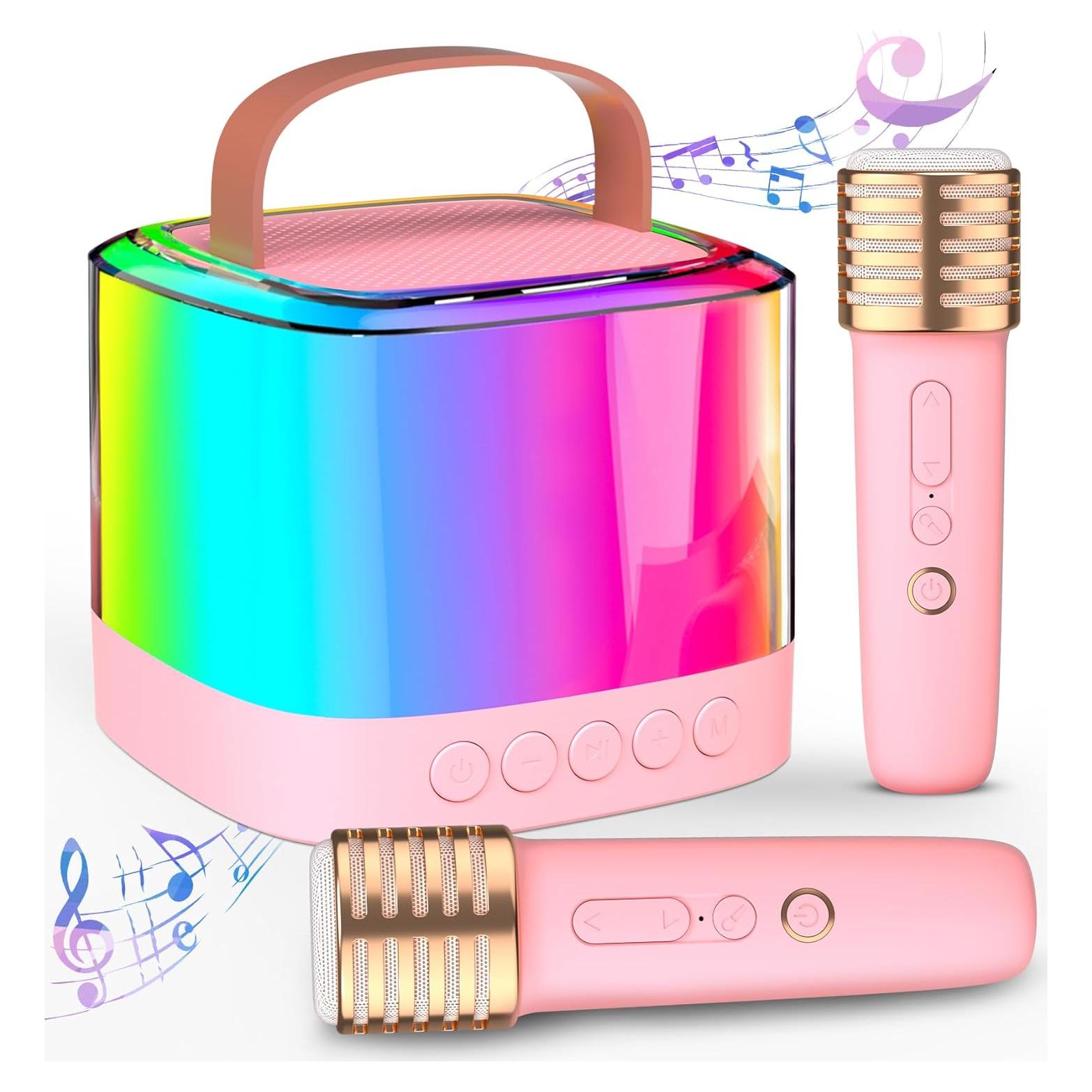 Mini Máquina de Karaoke Rosa Q21 con 2 Micrófonos Inalámbricos