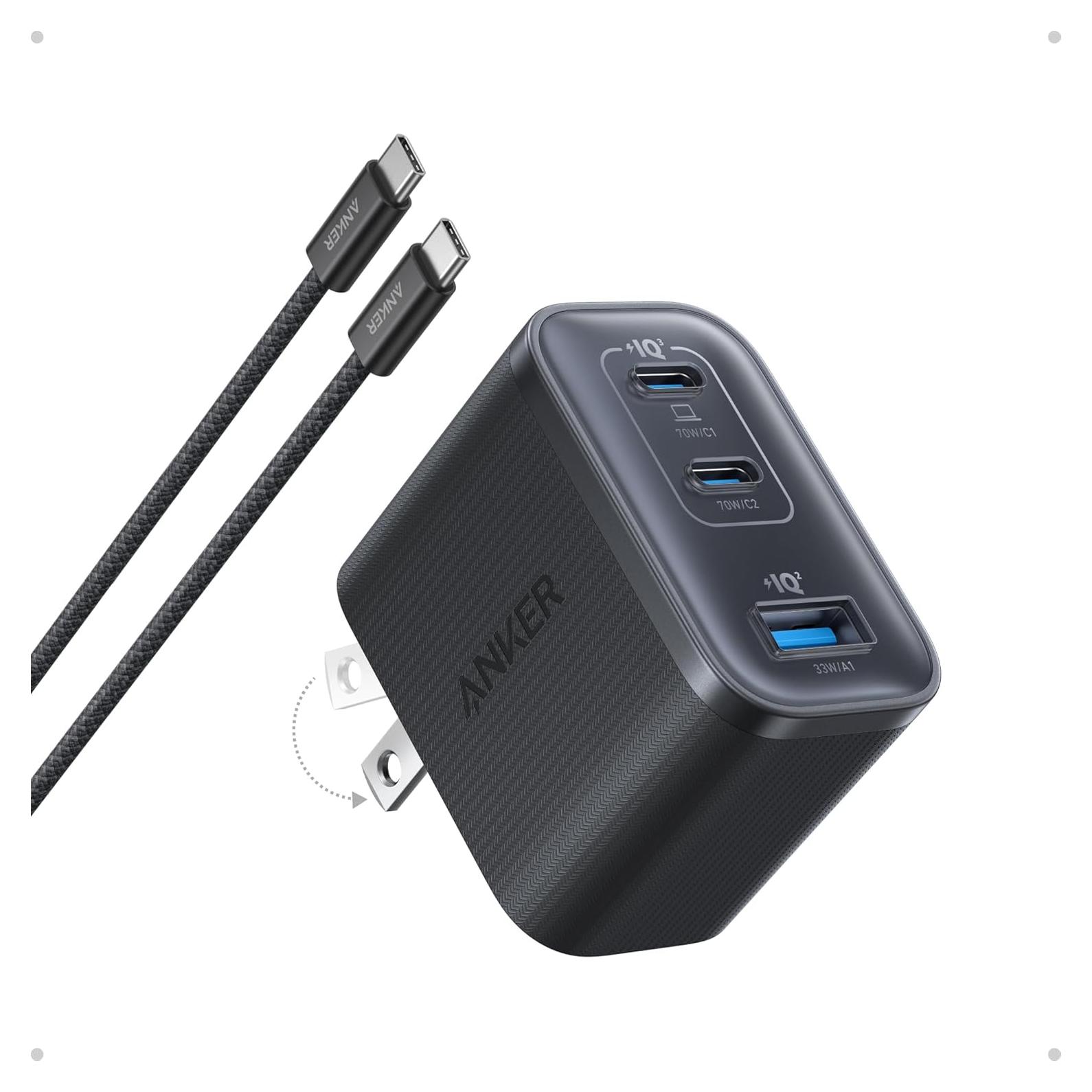 Cargador Anker Nano 70W USB-C 3 Puertos Compacto Negro