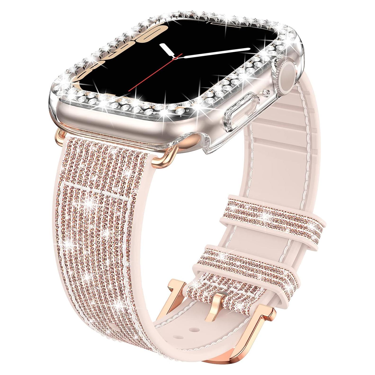 Funda de Silicona Brillante Goton para Apple Watch 45mm Rosa/Dorado