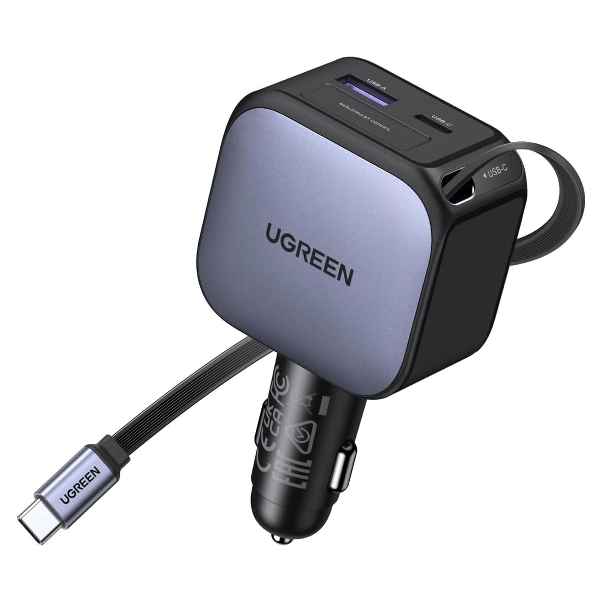 Cargador de Coche UGREEN 90W USB-C Retráctil 3 Puertos