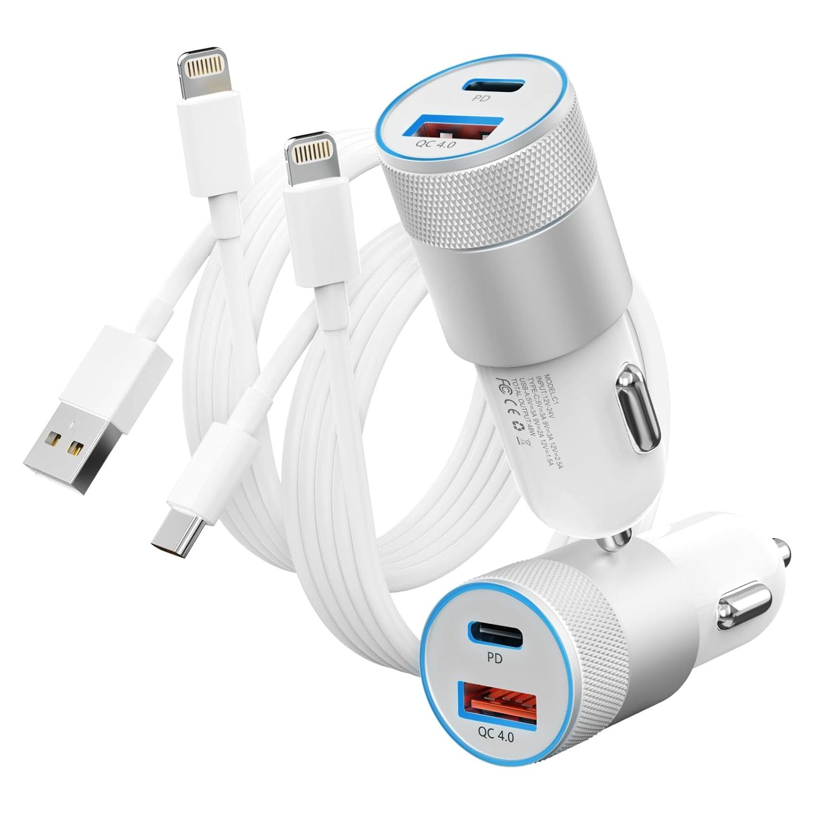 Cargador Rápido de Coche PAIMIAN 48W USB-C y USB-A con 2 Cables