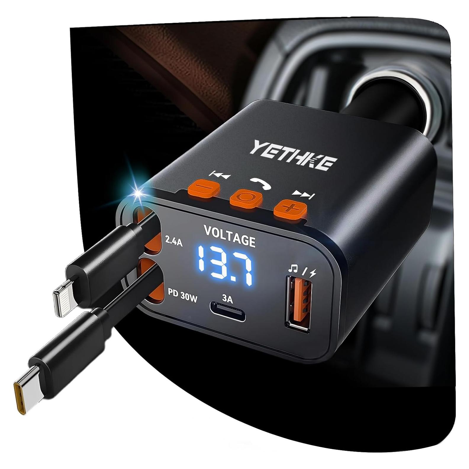 Adaptador de Coche Bluetooth YETHKE PT-42 Cargador 69W Negro