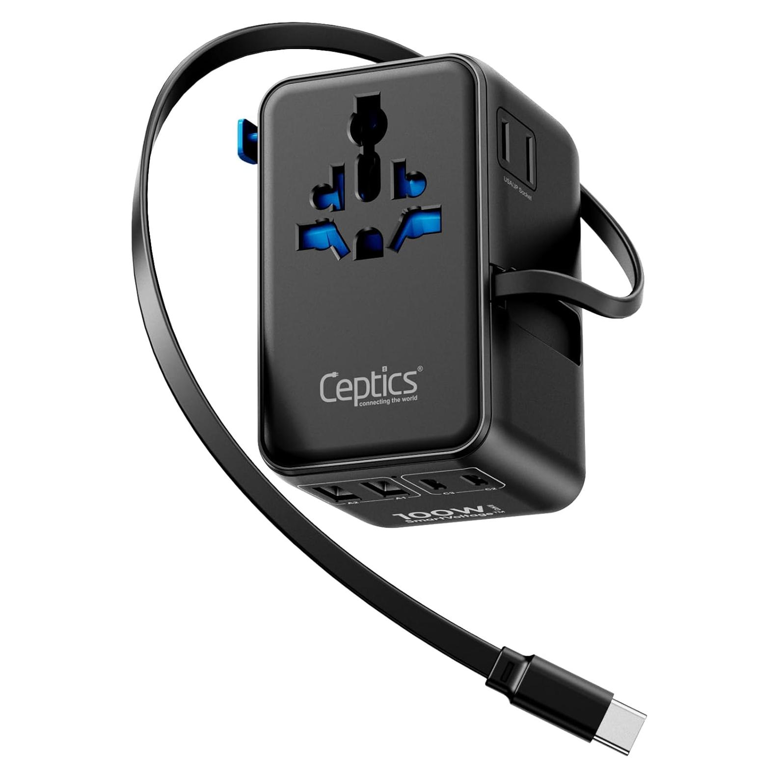 Adaptador de Viaje Universal Ceptics 100W con Cable USB-C Retráctil