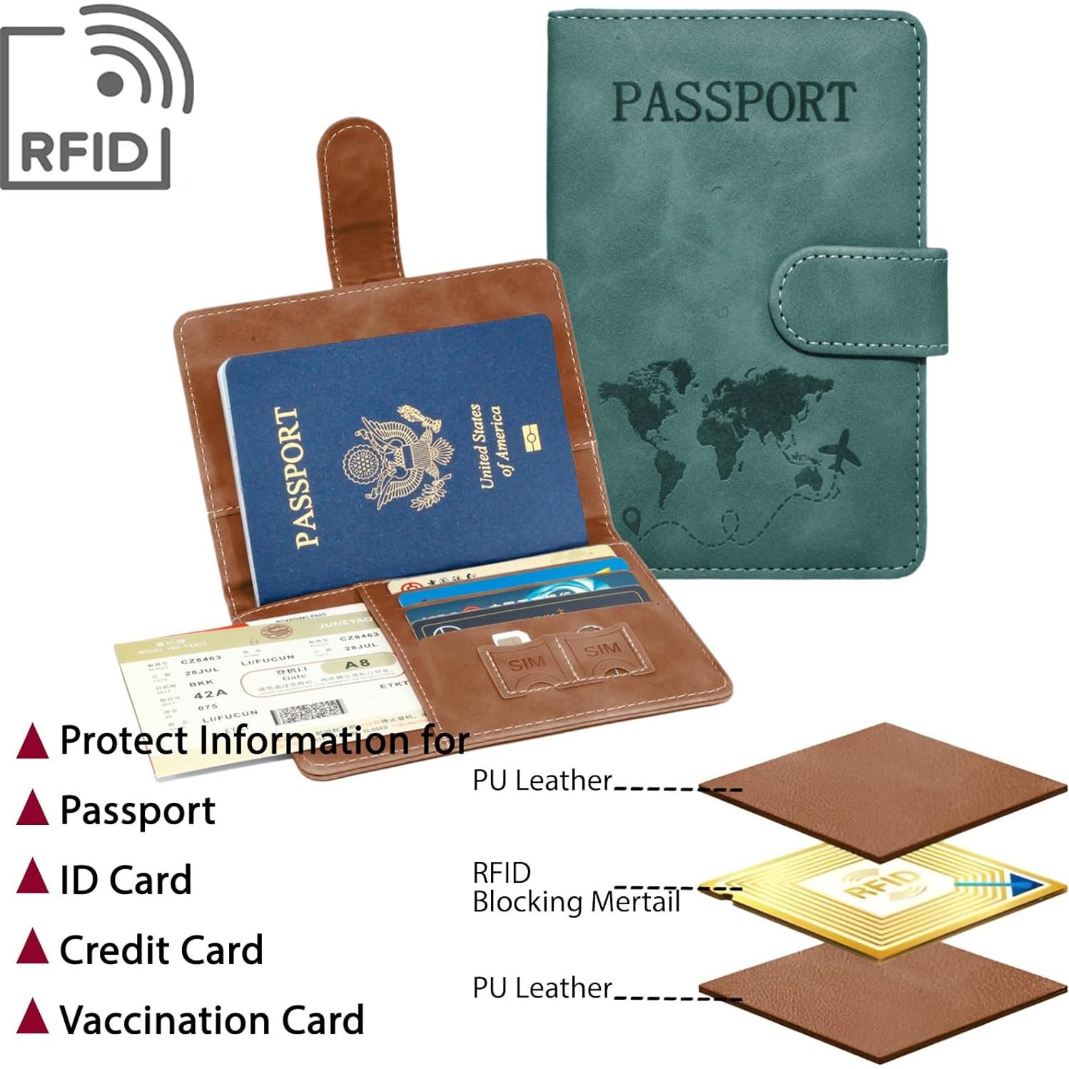 Portapasaportes RFID Cuero PU Marrón Verde 2 Piezas Viaje