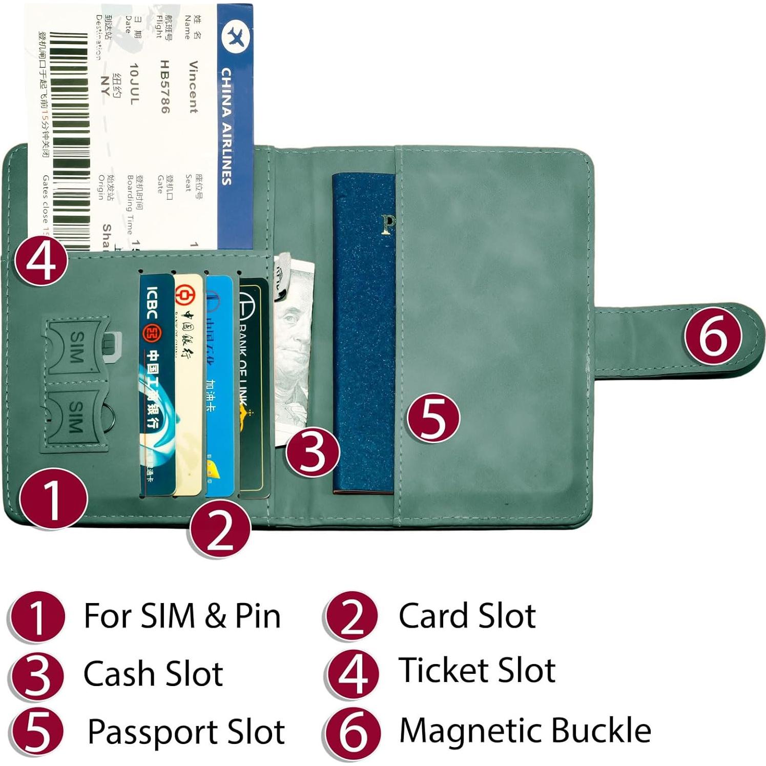 Portapasaportes RFID Cuero PU Marrón Verde 2 Piezas Viaje