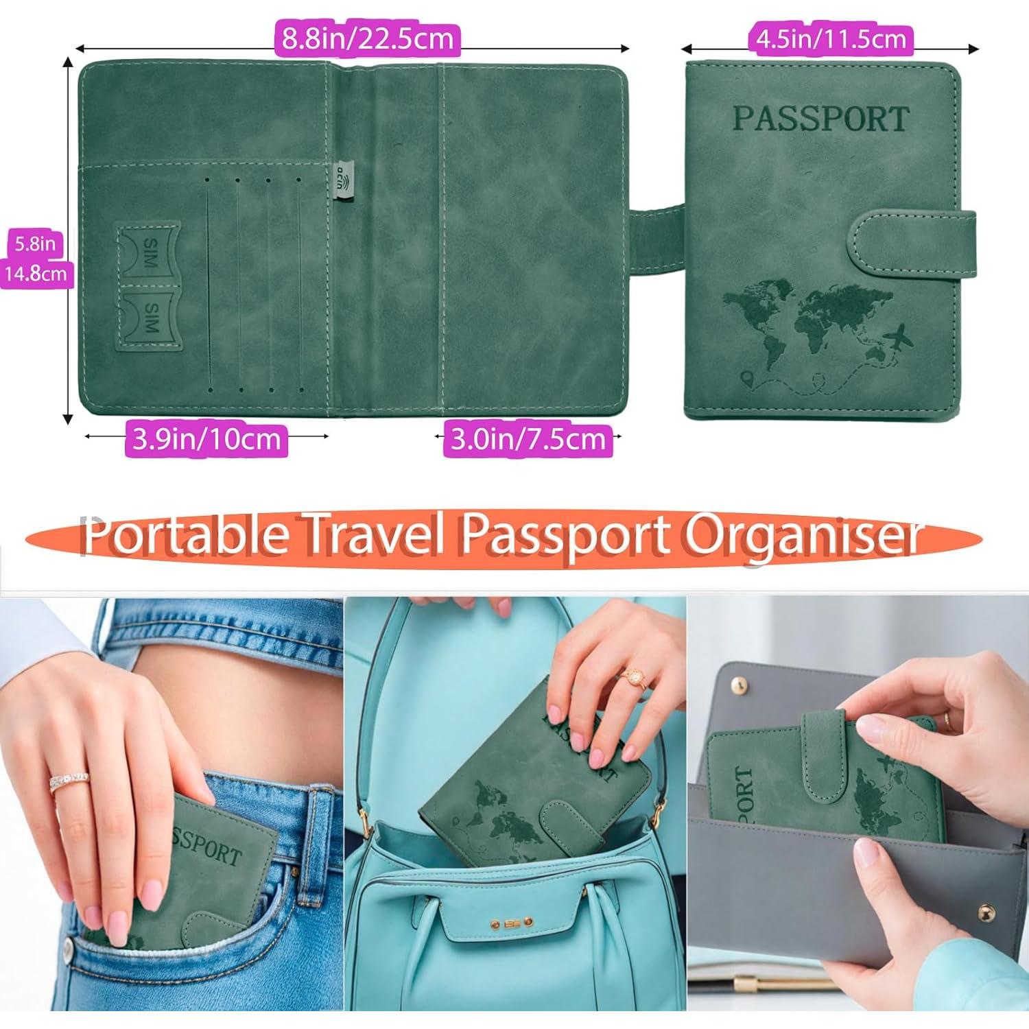 Portapasaportes RFID Cuero PU Marrón Verde 2 Piezas Viaje