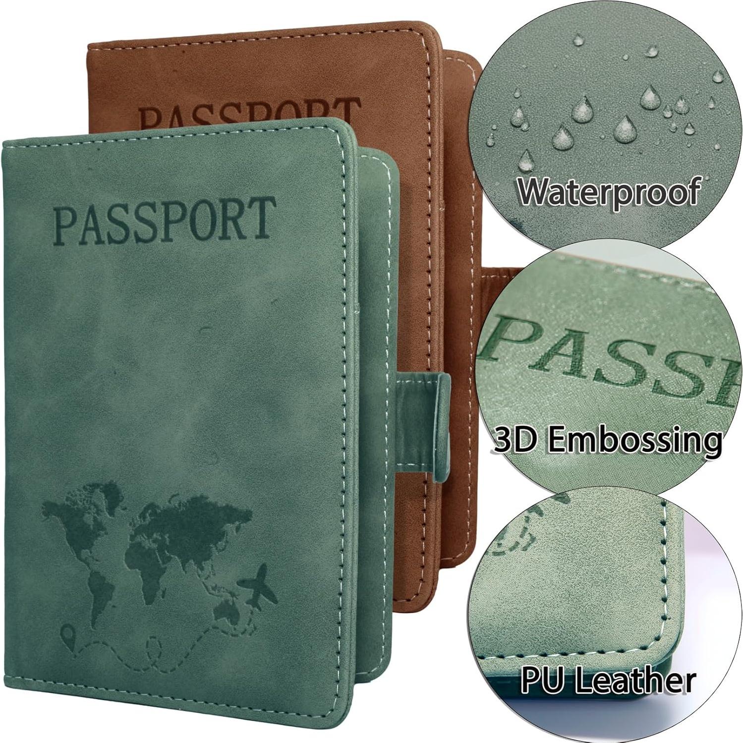 Portapasaportes RFID Cuero PU Marrón Verde 2 Piezas Viaje