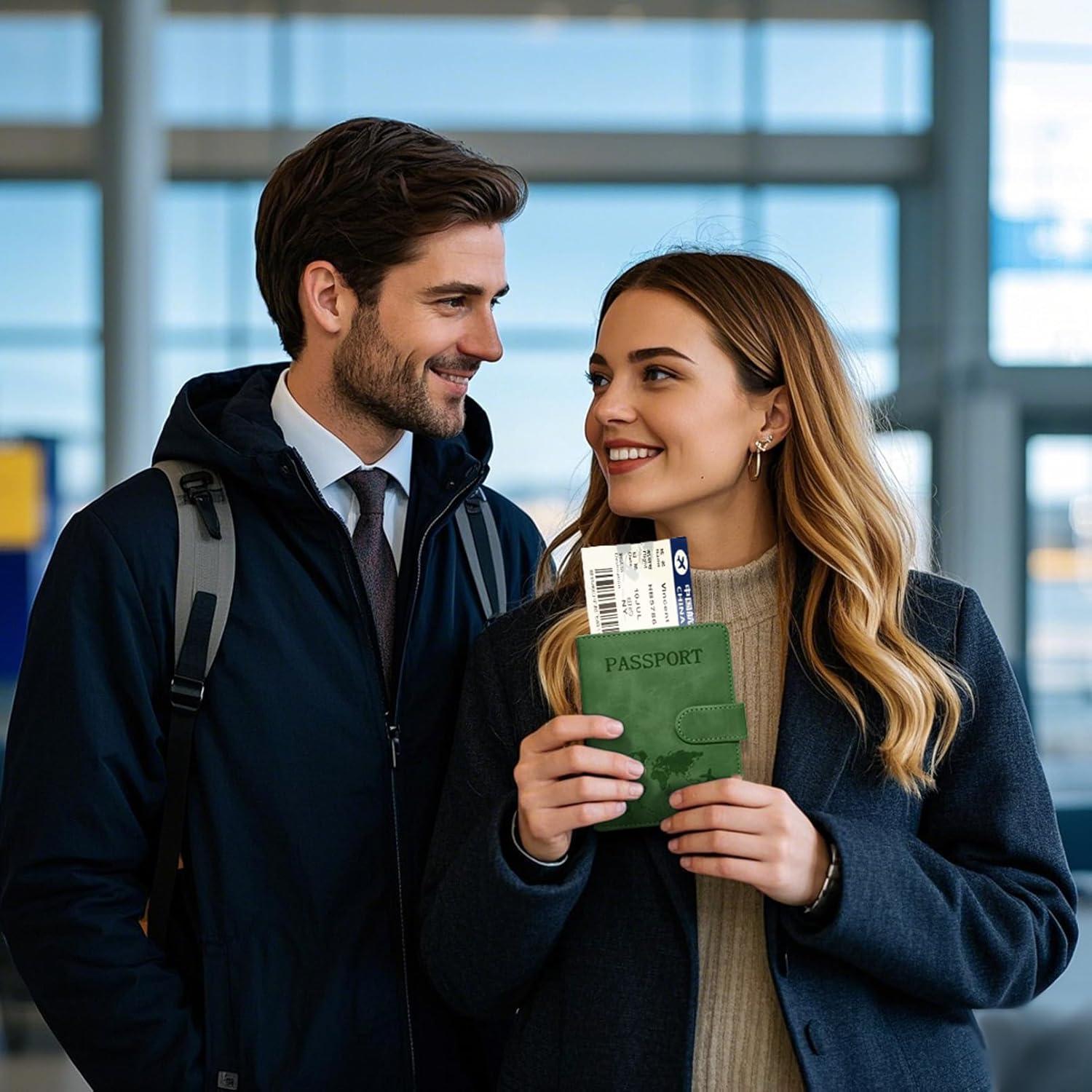 Portapasaportes RFID Cuero PU Marrón Verde 2 Piezas Viaje