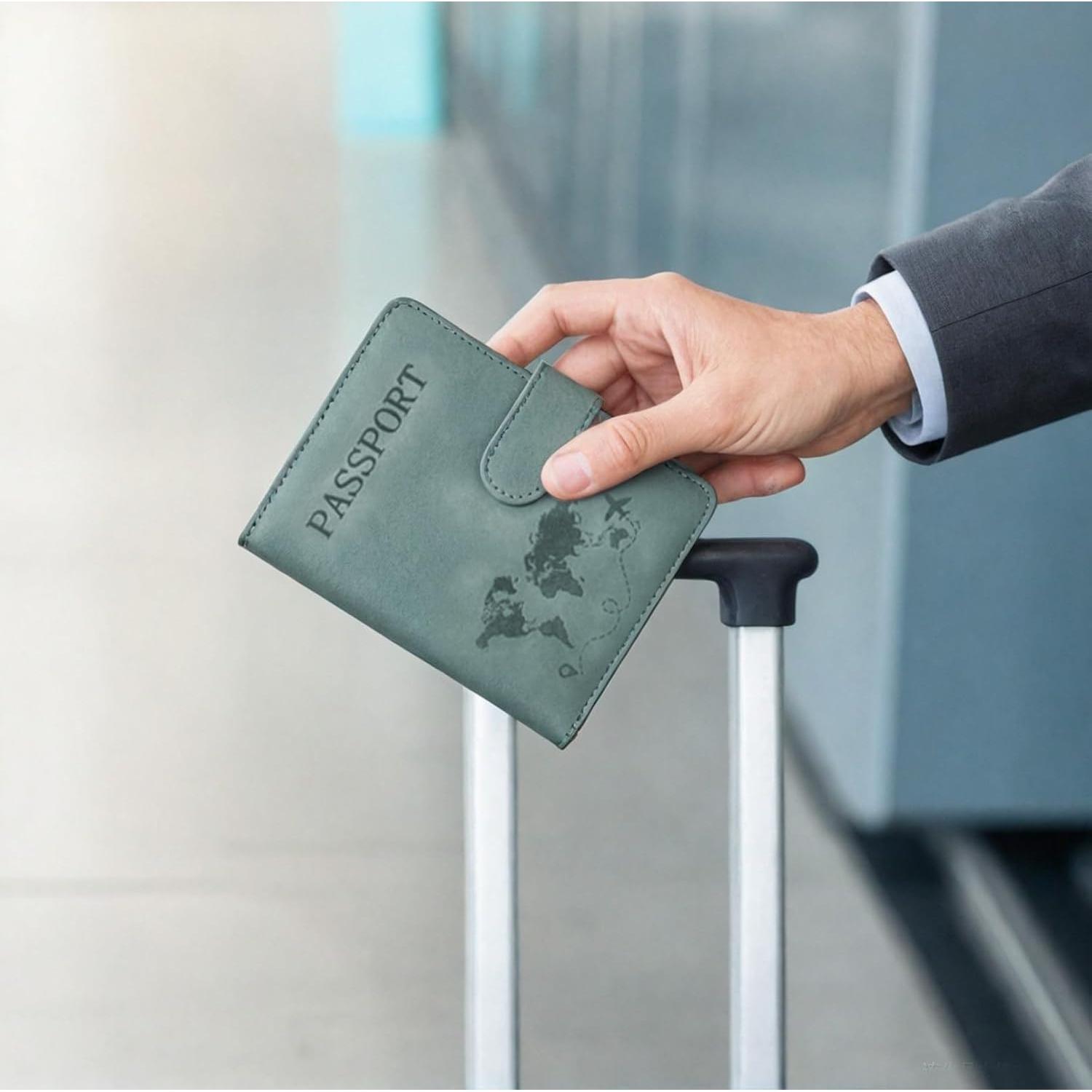 Portapasaportes RFID Cuero PU Marrón Verde 2 Piezas Viaje