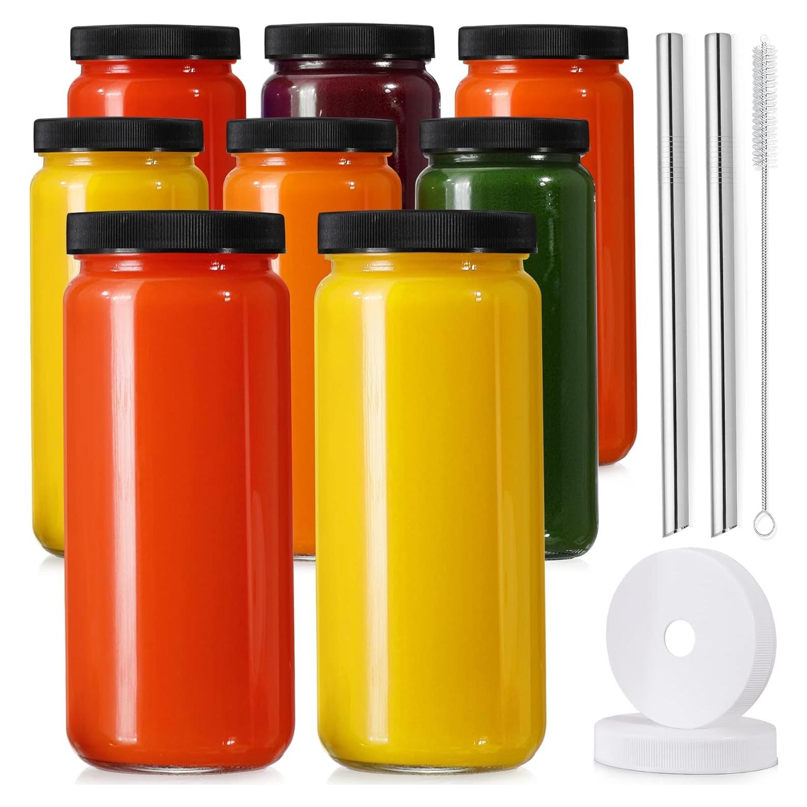Pack de 8 Botellas de Vidrio AOZITA 16oz con Popotes y Tapas