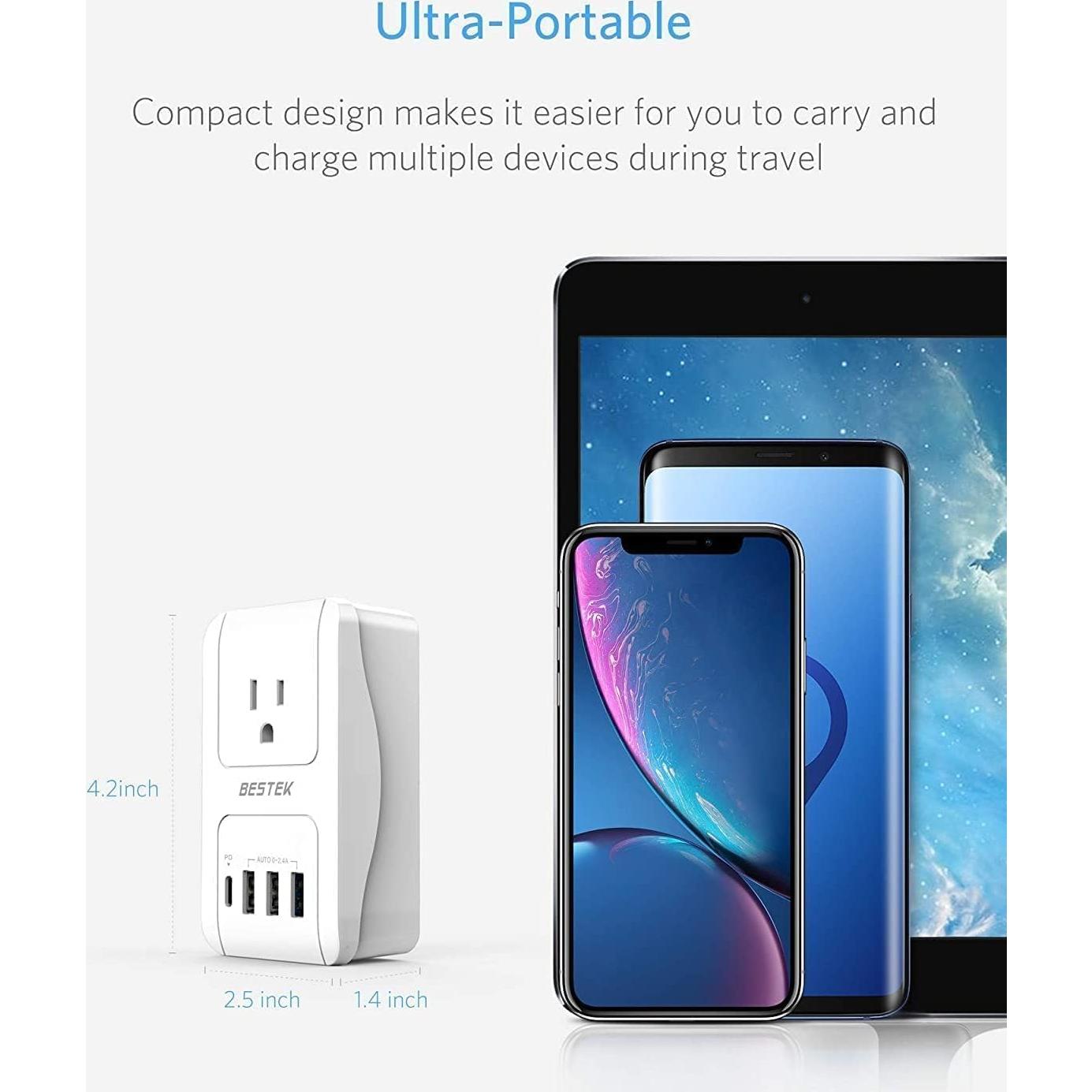 Adaptador de Viaje Universal BESTEK 3000W con USB-C y 5 Puertos