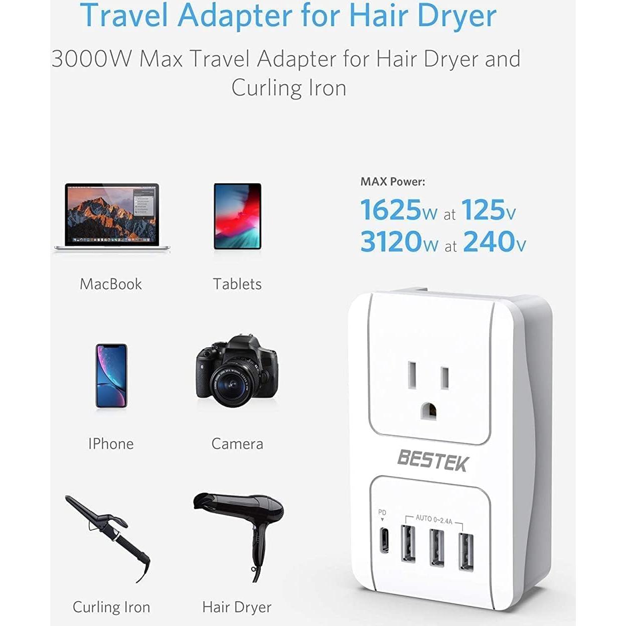 Adaptador de Viaje Universal BESTEK 3000W con USB-C y 5 Puertos