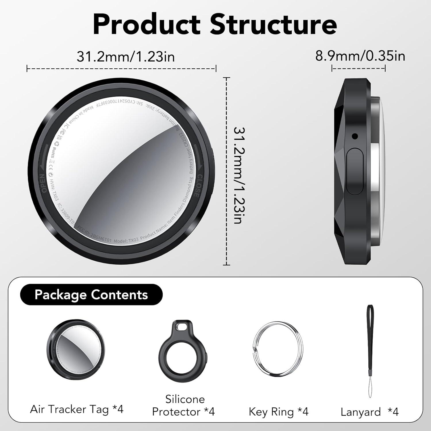 Etiquetas de Seguimiento QCOQ Air - Paquete de 4 Negro, Bluetooth