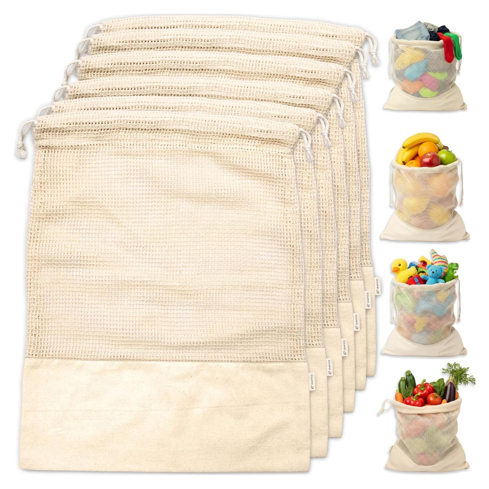 Bolsas Reutilizables Leafico XL 35.56x45.72 cm 6 Pcs Algodón