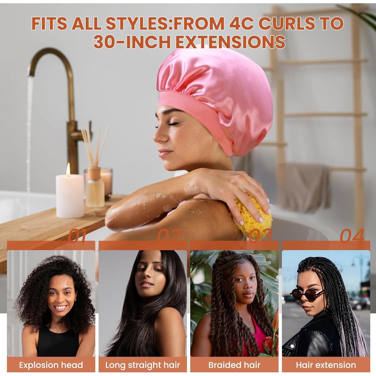 Bonete de Seda Ajustable Zixsavk para Dormir y Ducha - Rosa