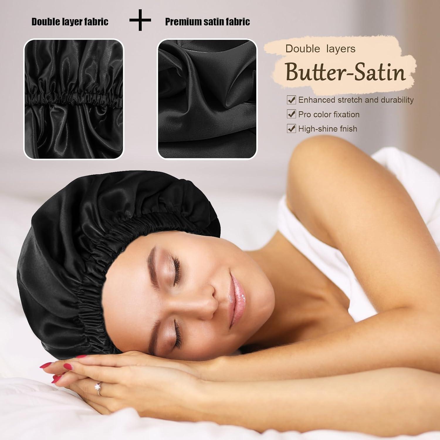 Bonete de Seda para Dormir Doitory - Doble Capa Negro Mediano