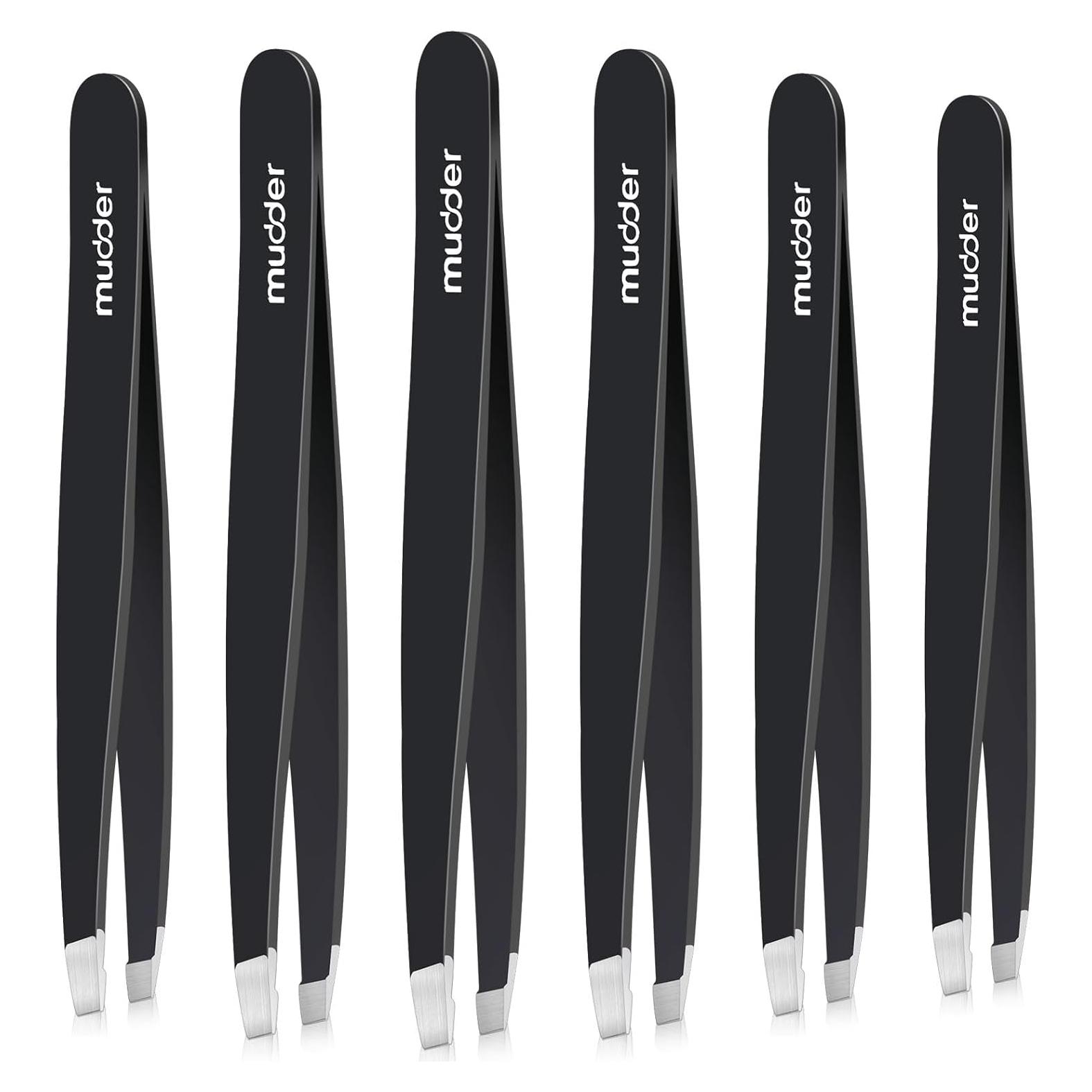 Juego de 6 Pinzas de Cejas Mudder Acero Inoxidable Negro