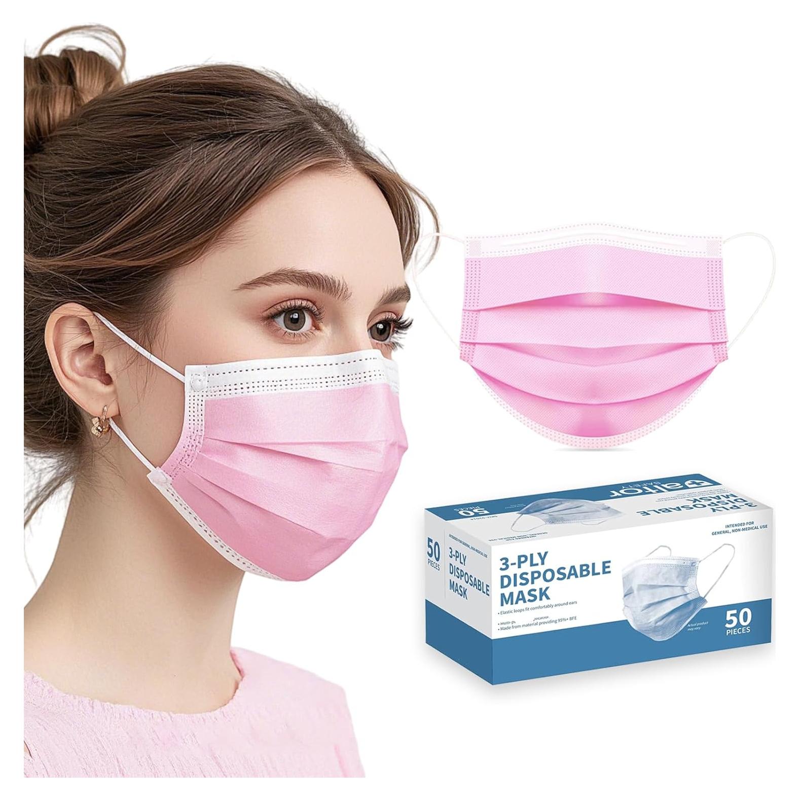 Paquete de 50 Mascarillas Desechables Rosas 3 Capas MEESOUL