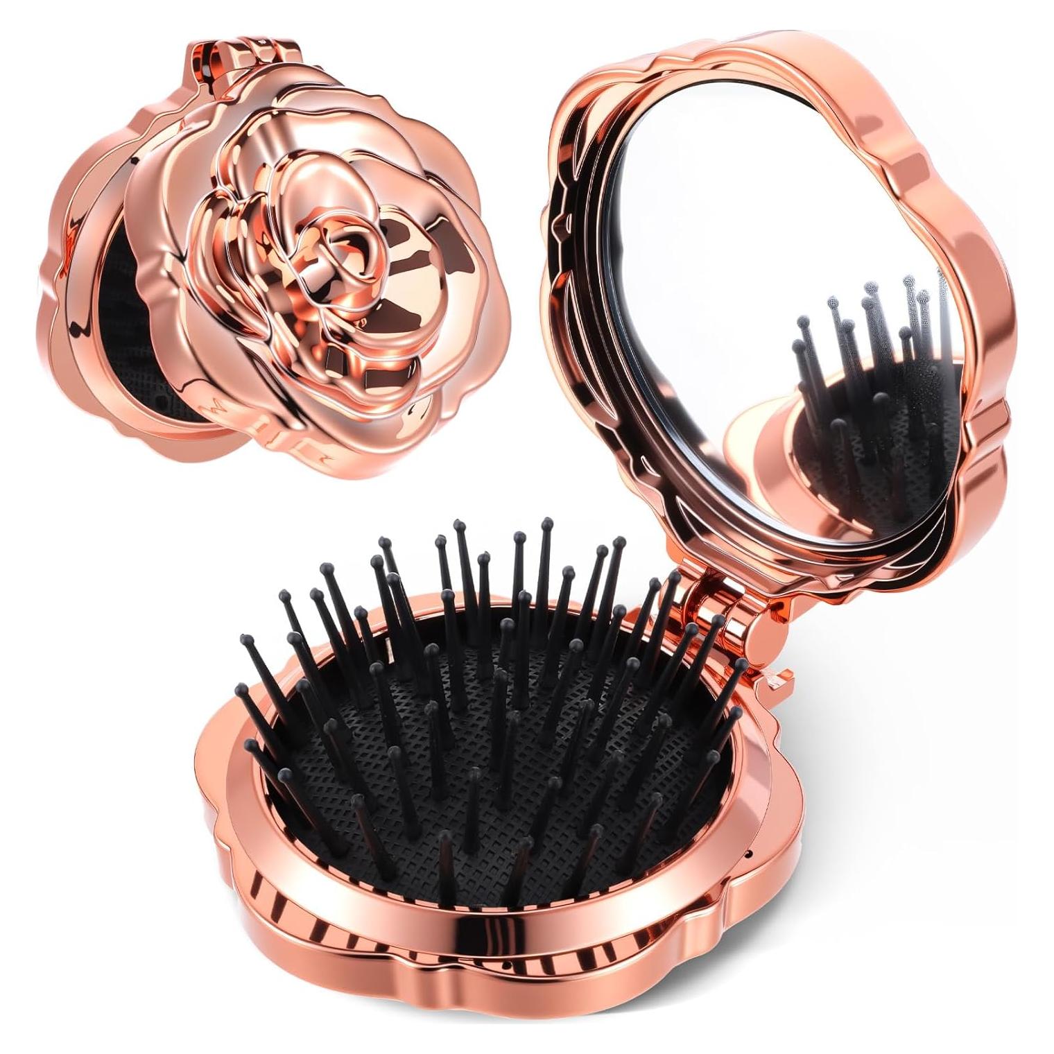 Cepillo de Pelo Compacto Exircy con Espejo - Rosa Mini 7x6cm