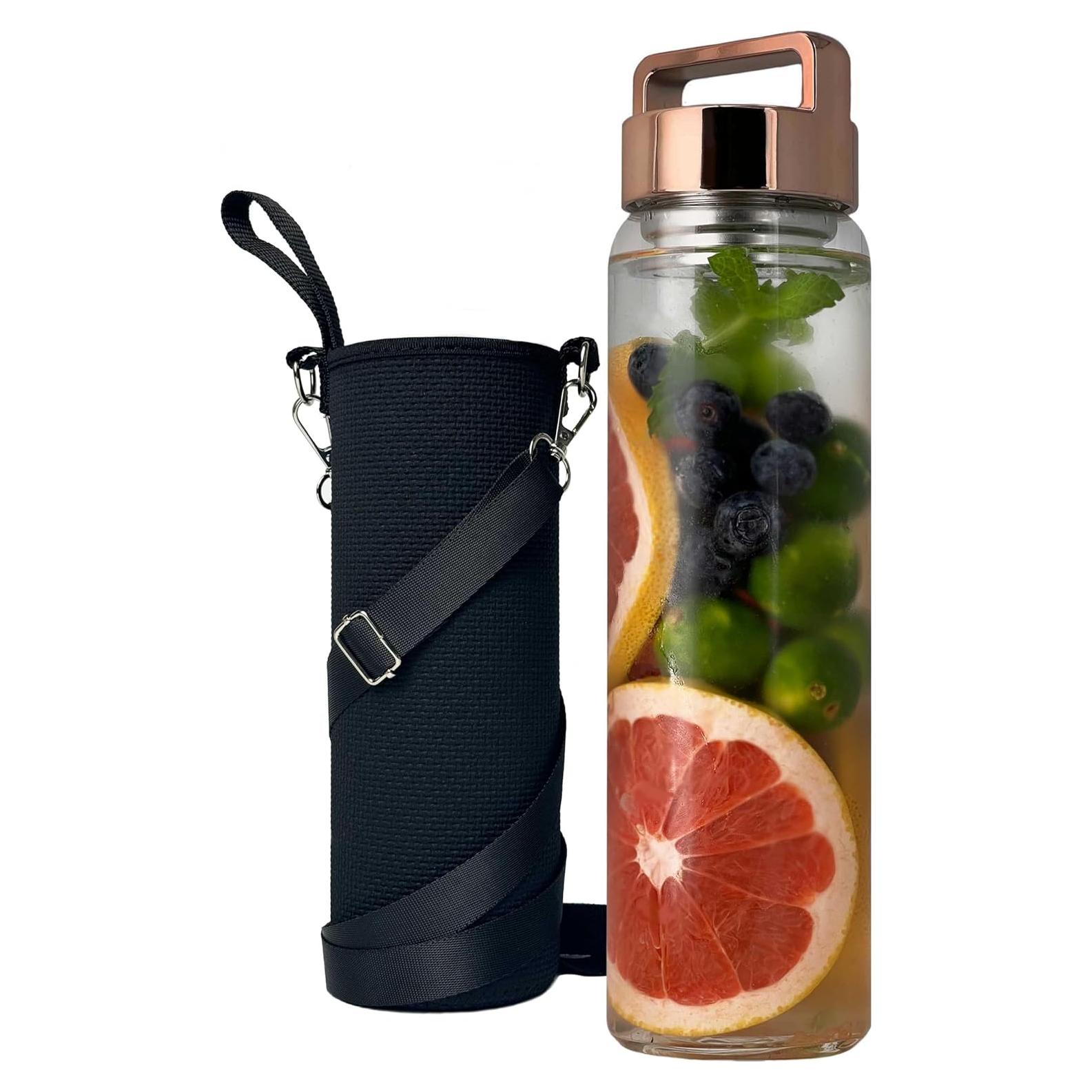 Botella de Agua de Vidrio 32 oz Aecotea con Infusor y Tapa Oro Rosa