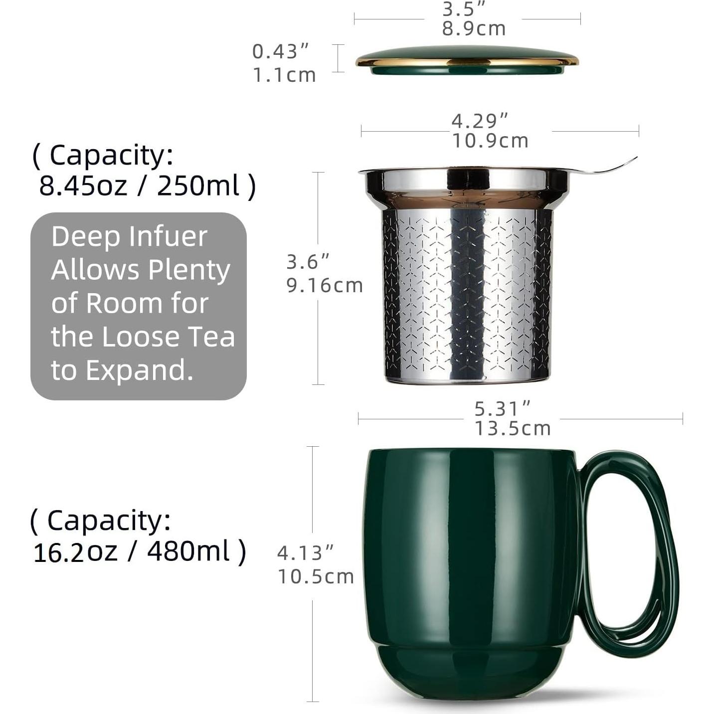 Taza de Té ZENS con Infusor y Tapa Dorada 480ml Verde Oscuro