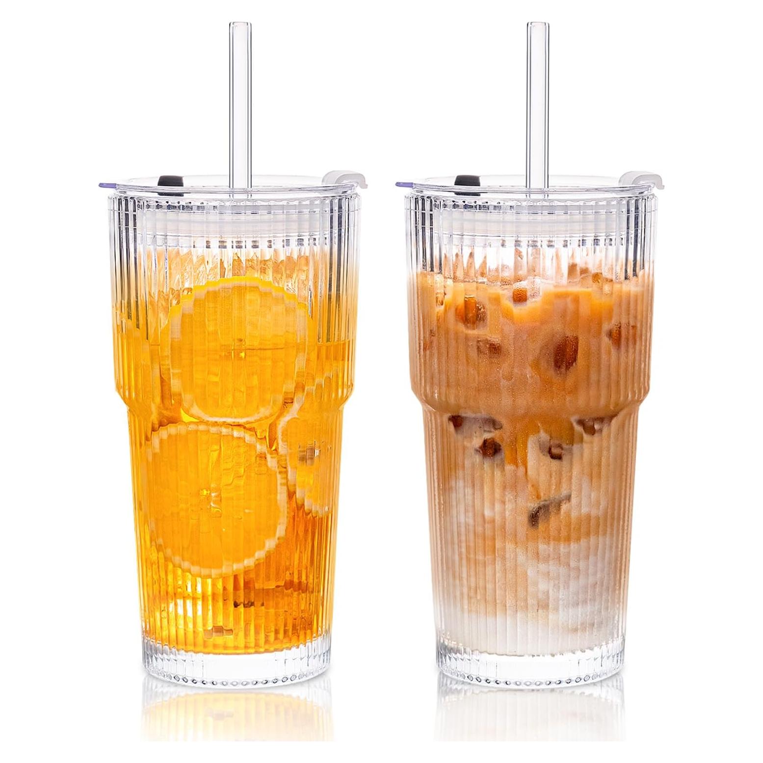 Vasos de Vidrio Estriado KEMORELA 20oz con Tapas y Pajitas