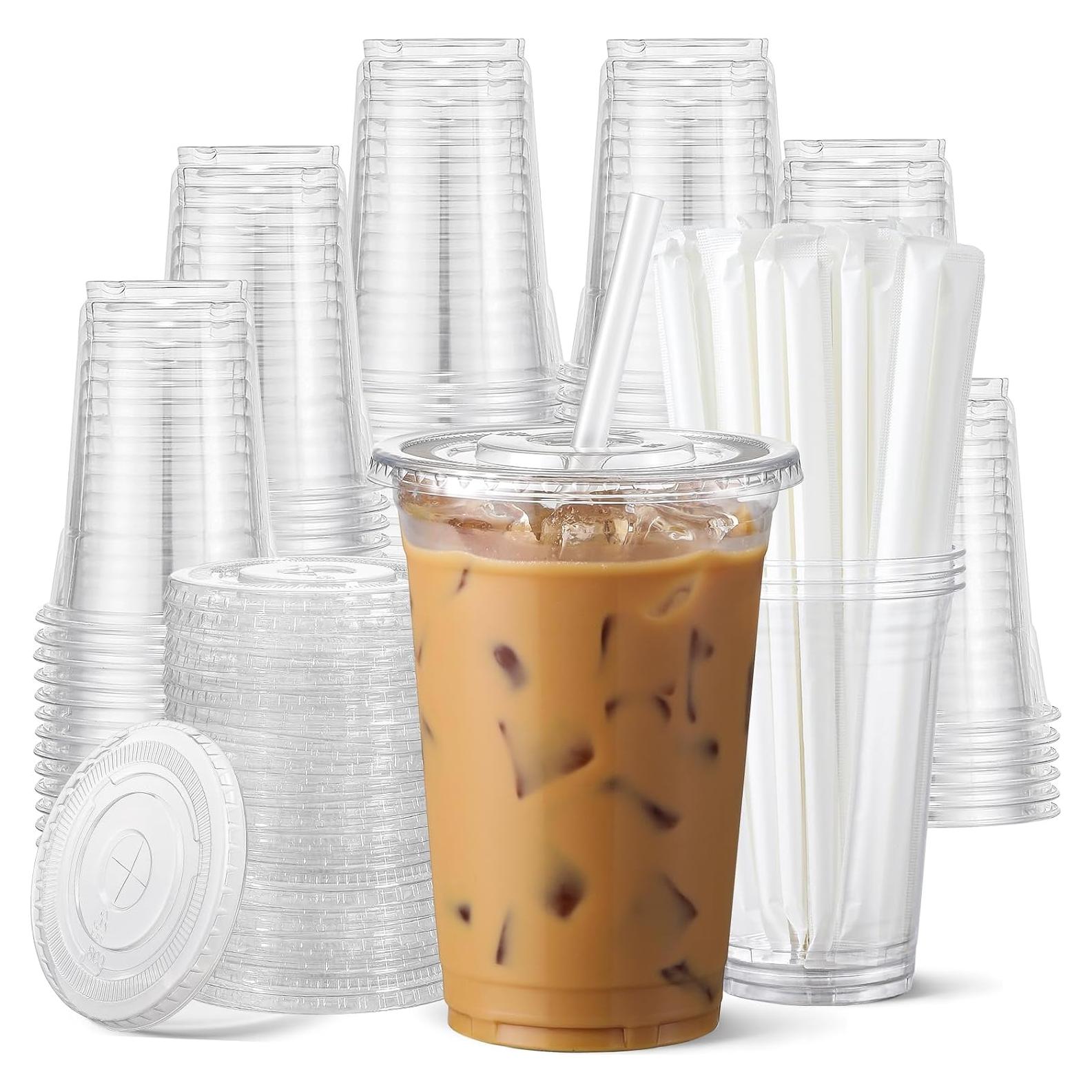 AOZITA 100 Vasos Plástico 16 Oz Transparentes con Tapas y Pajitas
