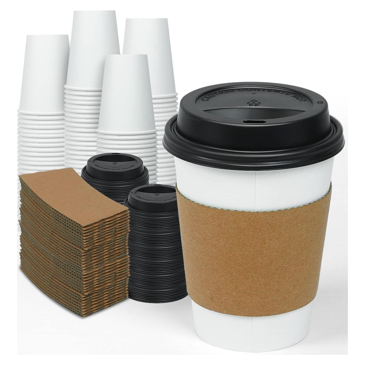 Vasos de Papel Desechables Ginkgo 100 Unidades 12 oz con Tapas