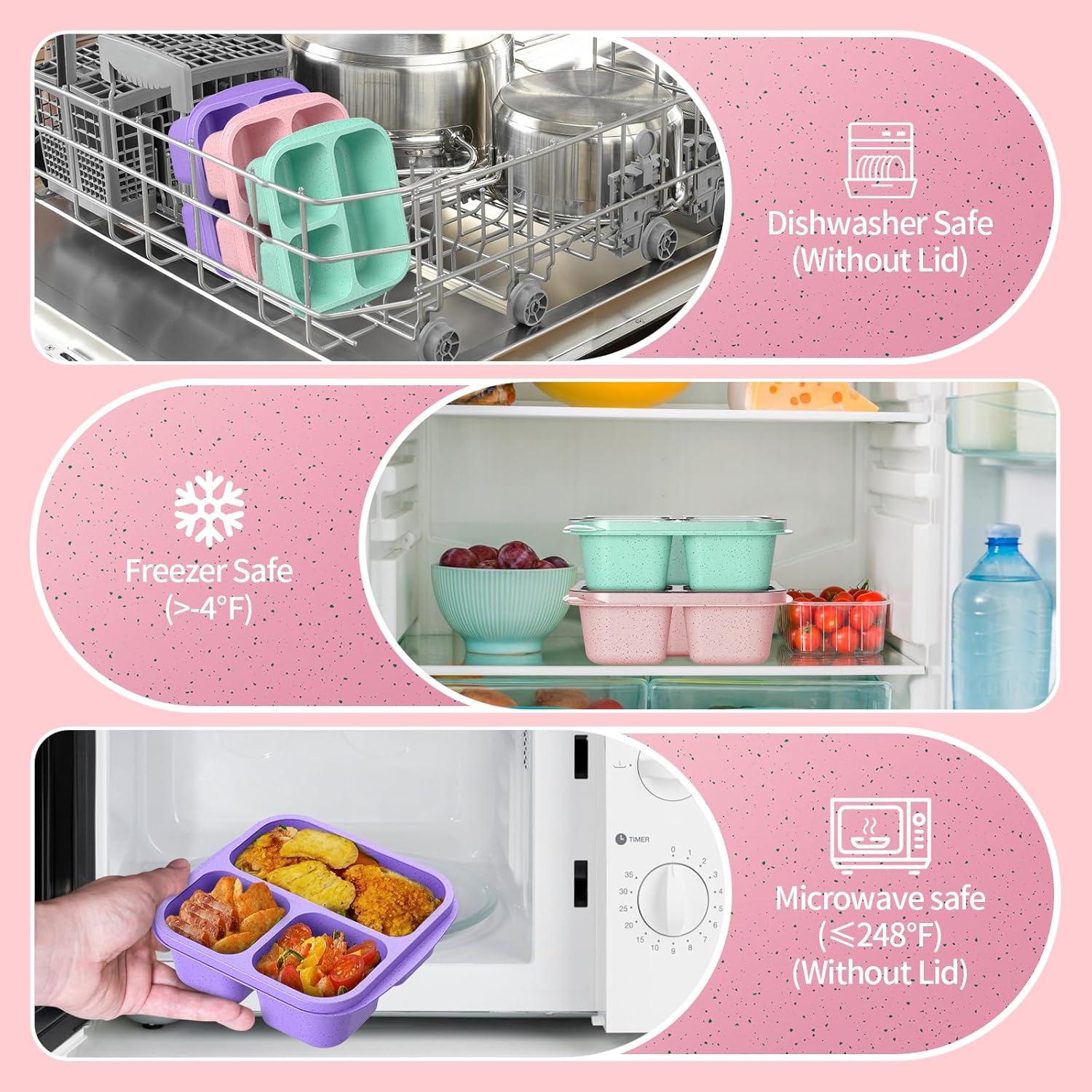 Cajas Bento Reutilizables CSQLJ 3 Compartimentos Morado Verde Rosa