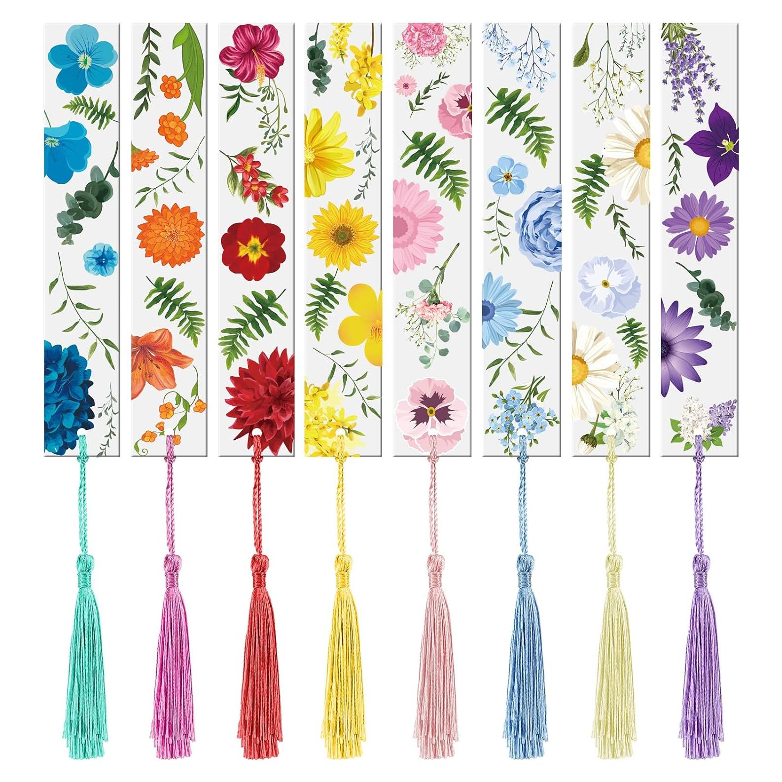 Marcadores de Libro Acrílicos Outus - 8 Estilos con Flores y Borlas