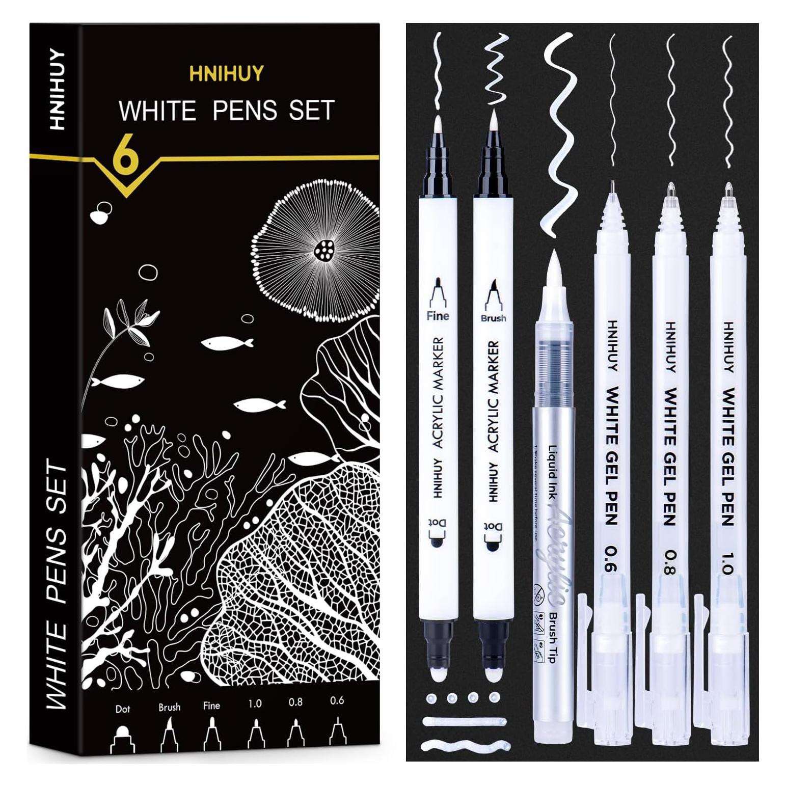 Bolígrafos de Tinta Blanca HNIHUY - Paquete de 6, Punta Fina y Pincel