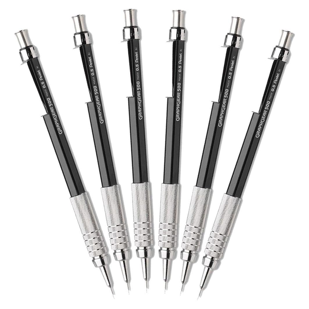 Lápiz Mecánico de Dibujo Pentel GraphGear 500, 0.5mm, Negro, 6 Unidades