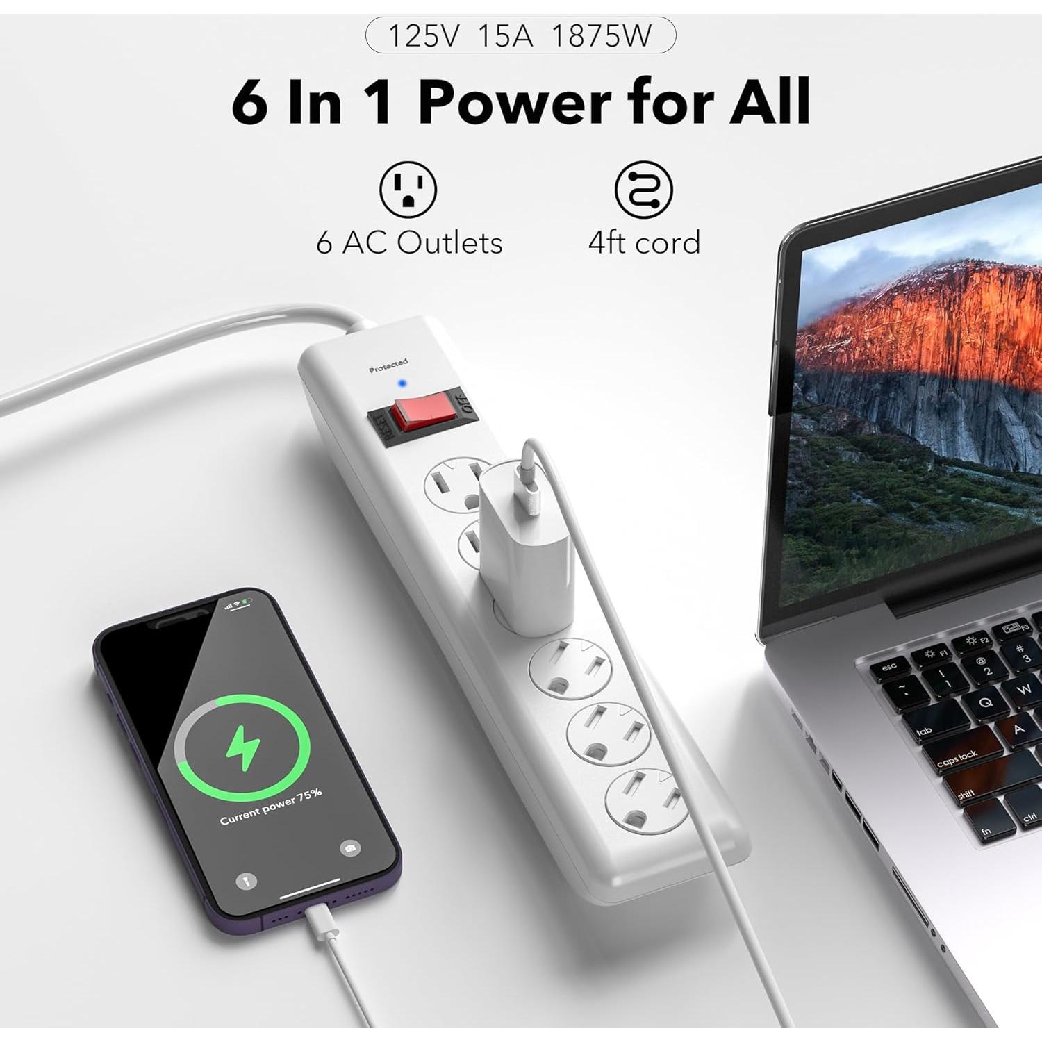 Regleta BN-LINK 6 Salidas con Protección Sobretensiones 1.22m