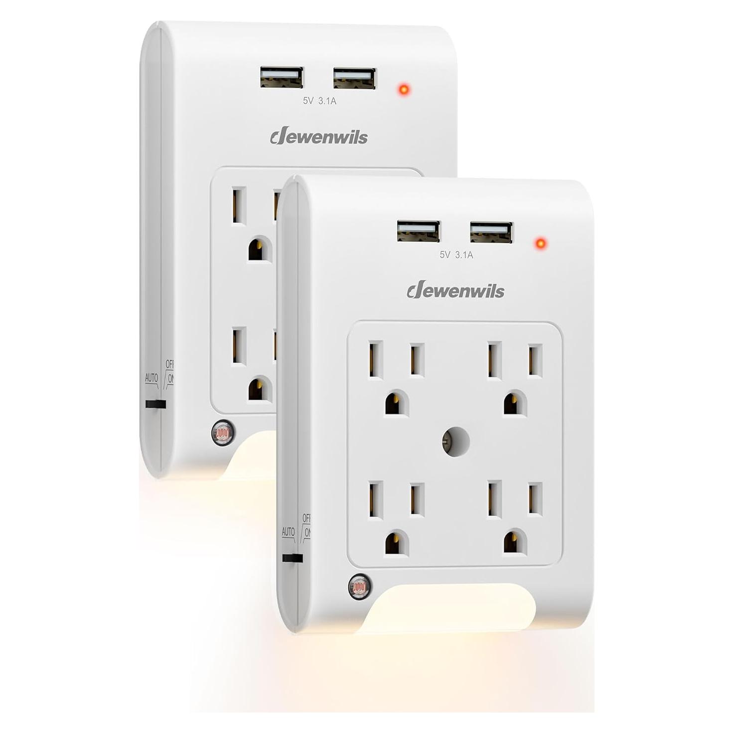 Extensor de Enchufe Dewenwils 2 Paquete 4 Salidas USB Luz Nocturna