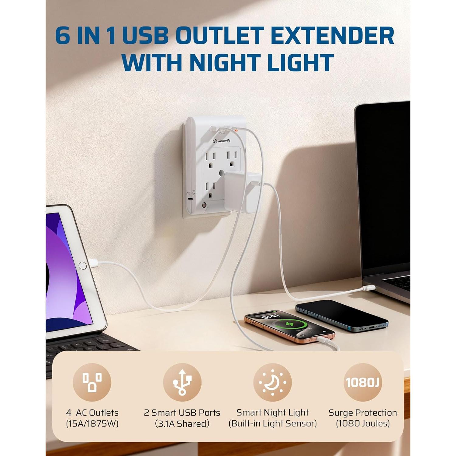 Extensor de Enchufe Dewenwils 2 Paquete 4 Salidas USB Luz Nocturna