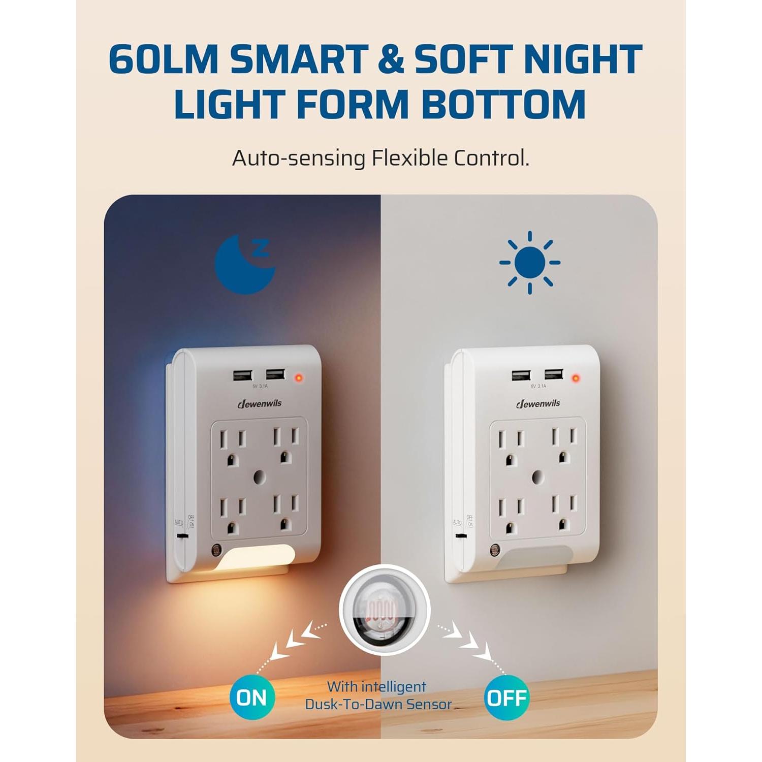 Extensor de Enchufe Dewenwils 2 Paquete 4 Salidas USB Luz Nocturna