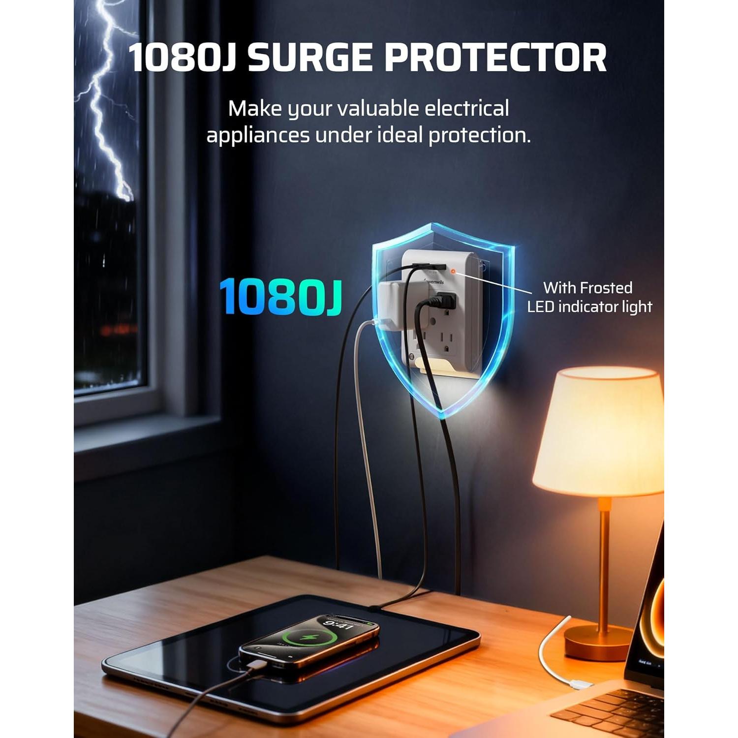 Extensor de Enchufe Dewenwils 2 Paquete 4 Salidas USB Luz Nocturna