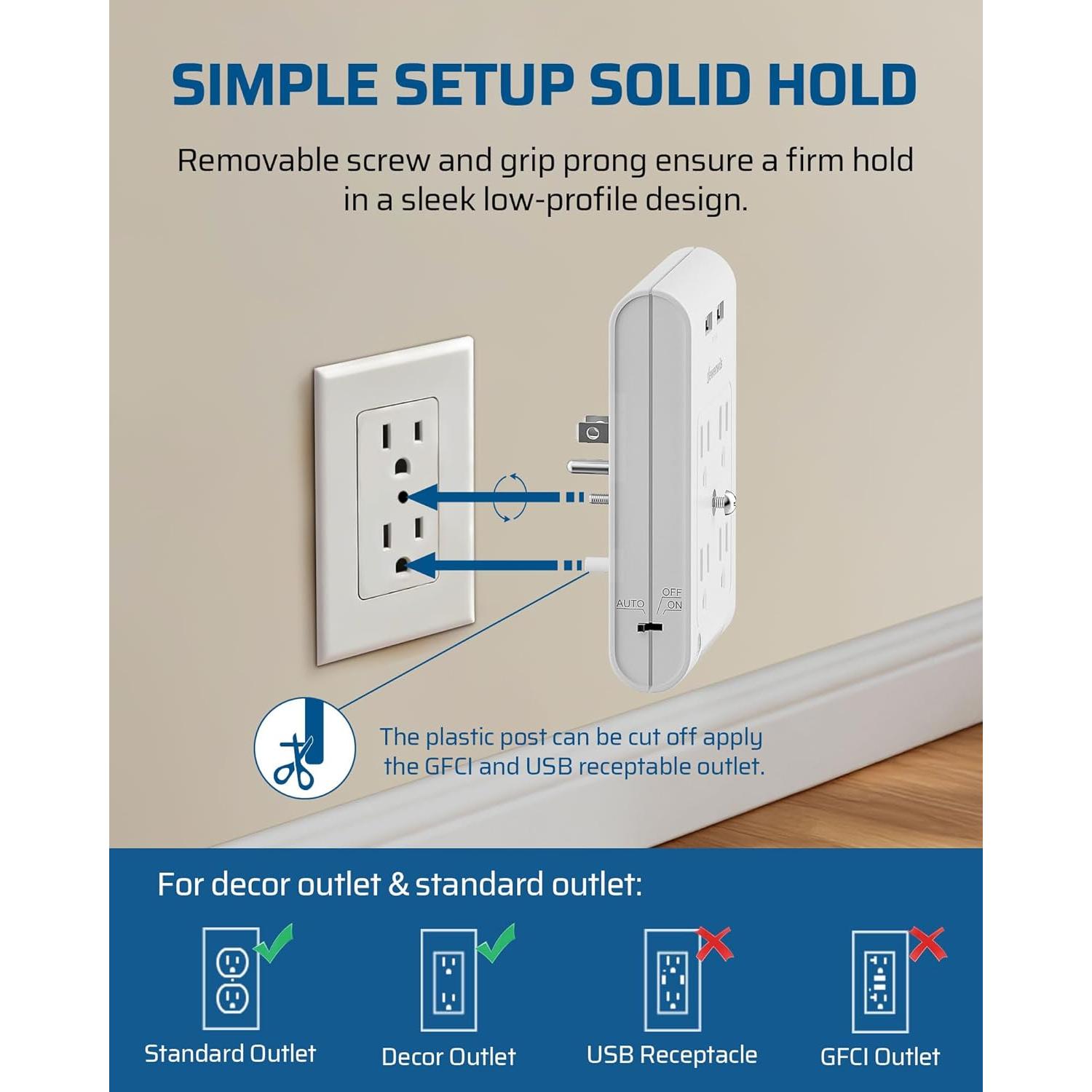 Extensor de Enchufe Dewenwils 2 Paquete 4 Salidas USB Luz Nocturna