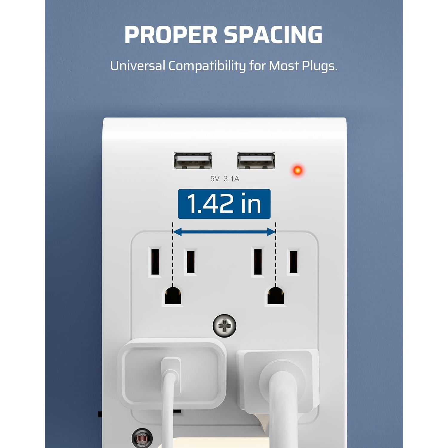 Extensor de Enchufe Dewenwils 2 Paquete 4 Salidas USB Luz Nocturna