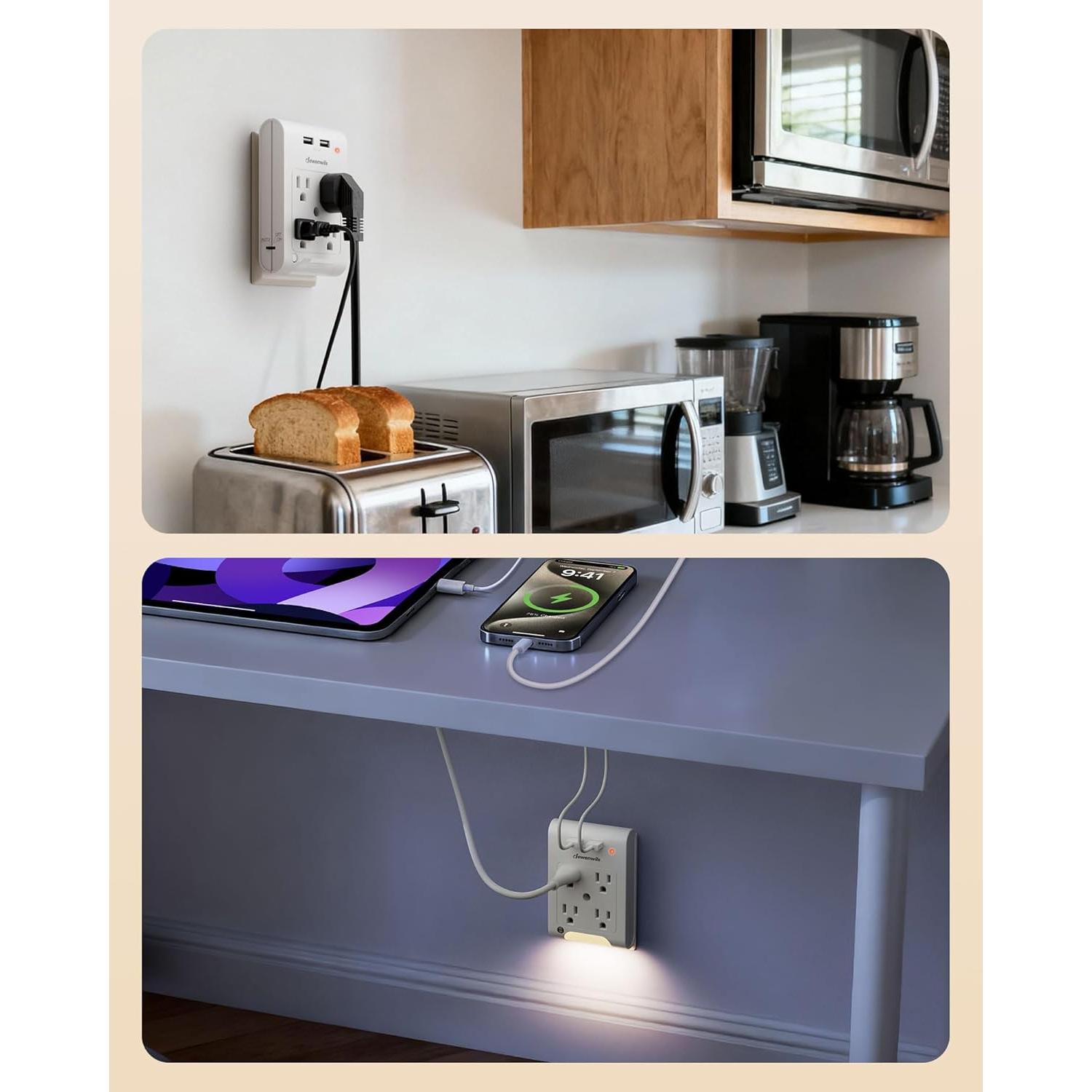 Extensor de Enchufe Dewenwils 2 Paquete 4 Salidas USB Luz Nocturna