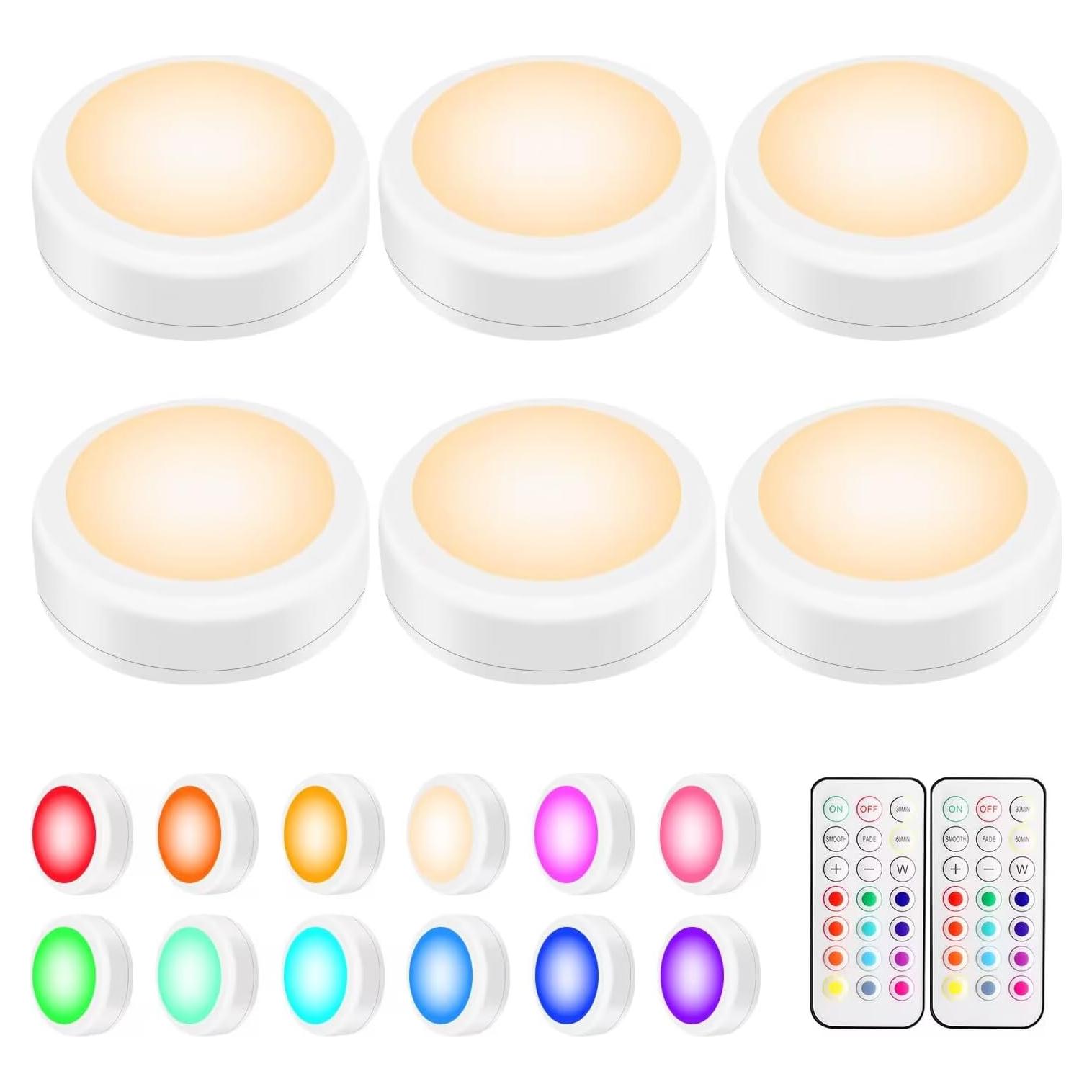 Iluminación LED Puck Alivation, 6 luces, control remoto, 13 colores