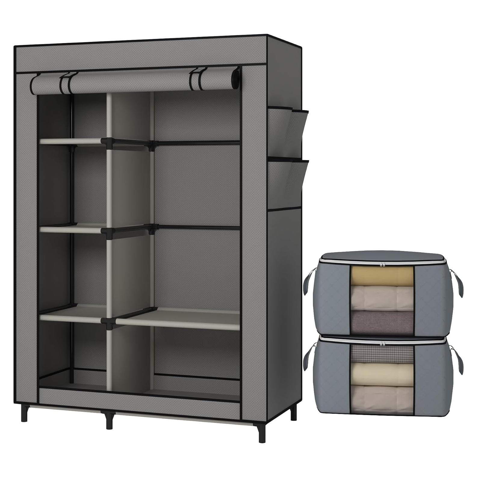 Armario Portable Calmootey Gris con 6 Estantes y Barra para Colgar