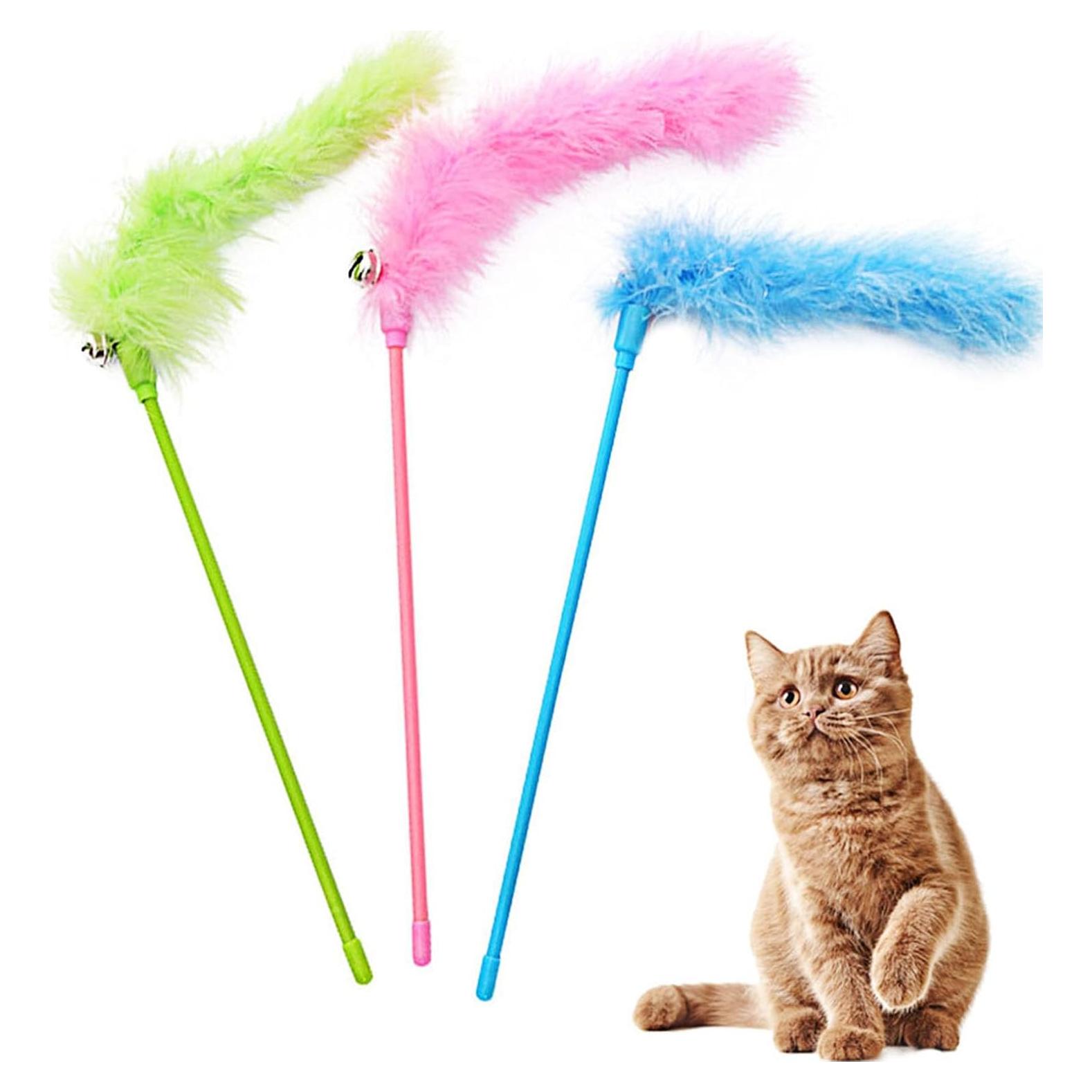 Juguetes de Varita para Gatos IUHKBH - 3 PCS con Plumas y Campana