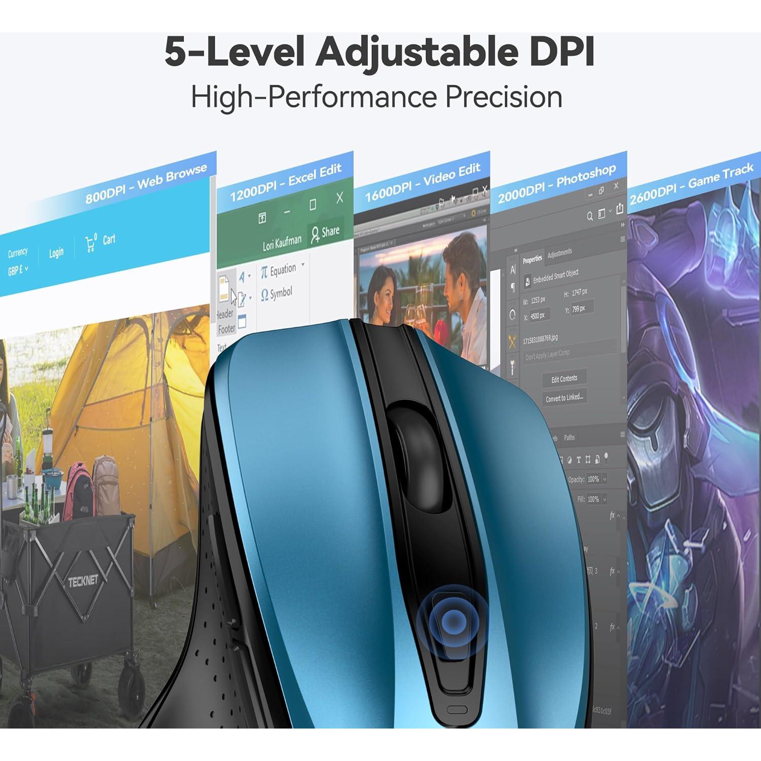 Ratón Óptico Inalámbrico TECKNET Ergonómico Azul 6 Botones