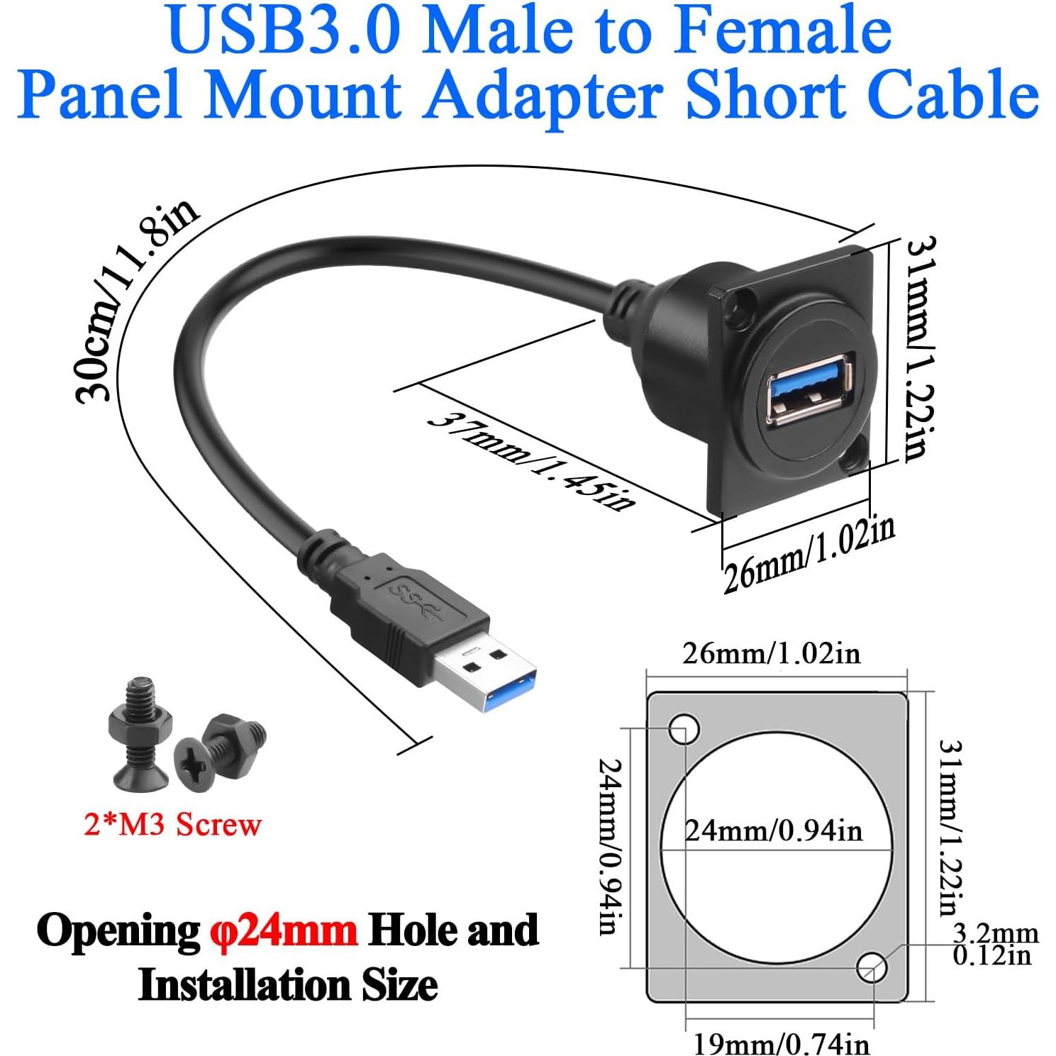 Adaptador USB 3.0 Macho a Hembra Montaje en Panel QIANRENON 30cm