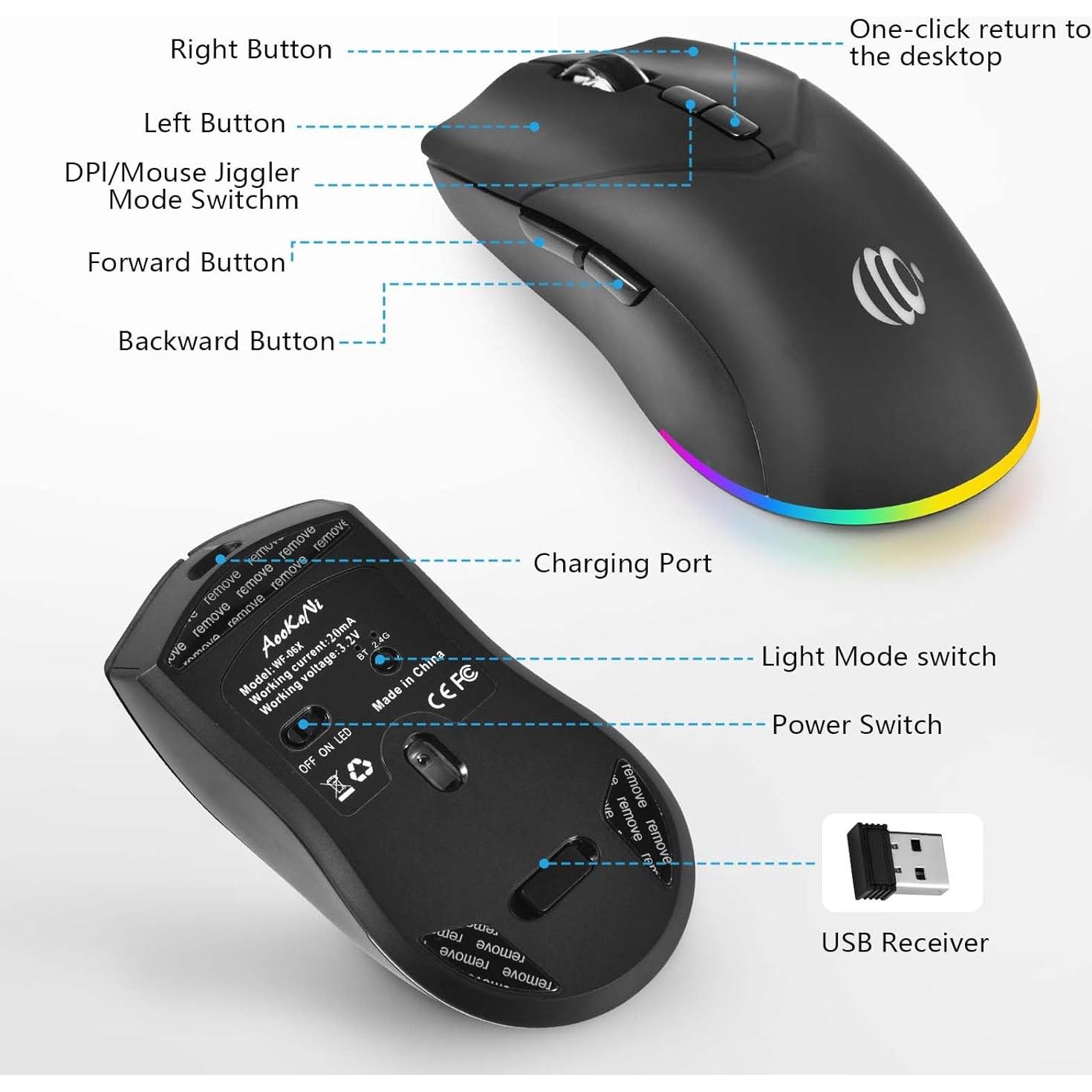 Ratón Inalámbrico Recargable AooKoNi BT 5.2 1600DPI Negro