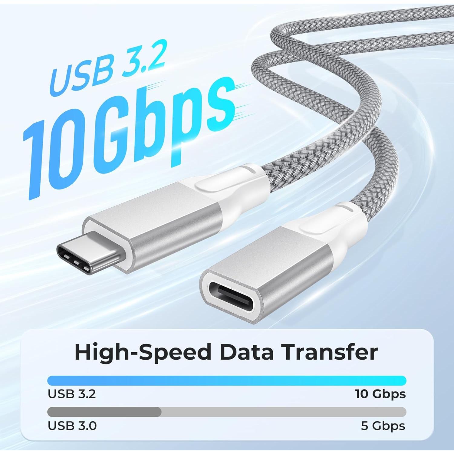 Cable Extensión USB-C 2M Basesailor 10Gbps Carga 100W Plata